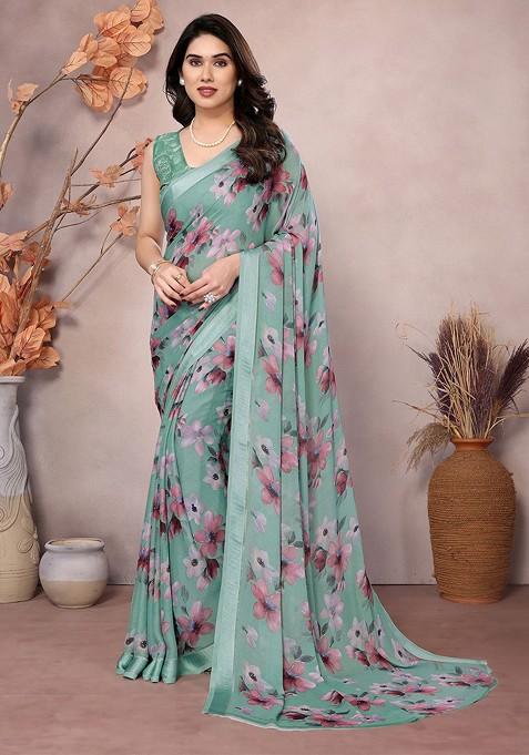 Green Printed Blended Saree Set