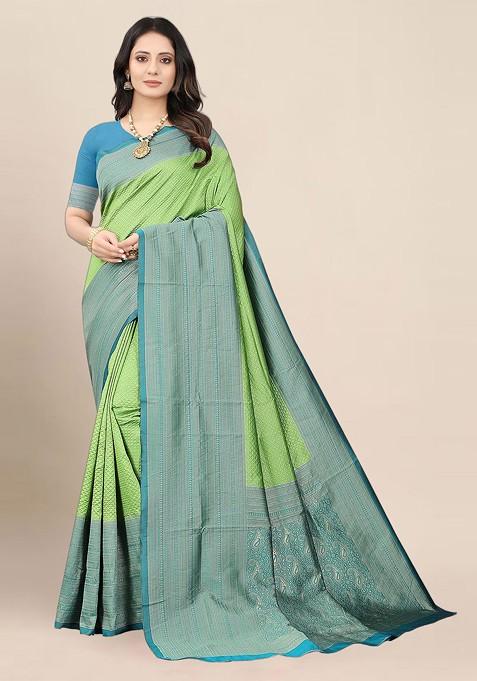 Green Embroidered Blended Saree Set