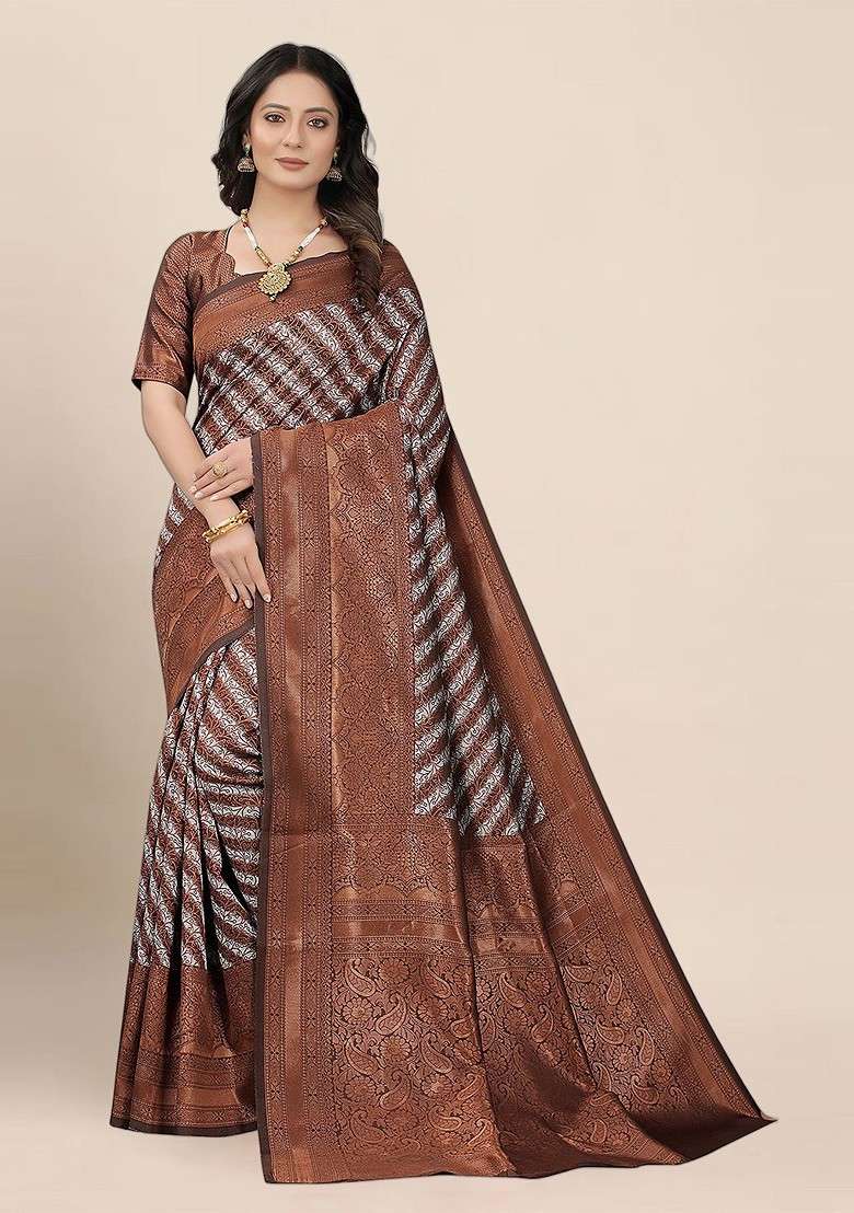 Brown Blended Saree Set with Embroidered for Diwali | Wedding & Festive Wear - Indya
