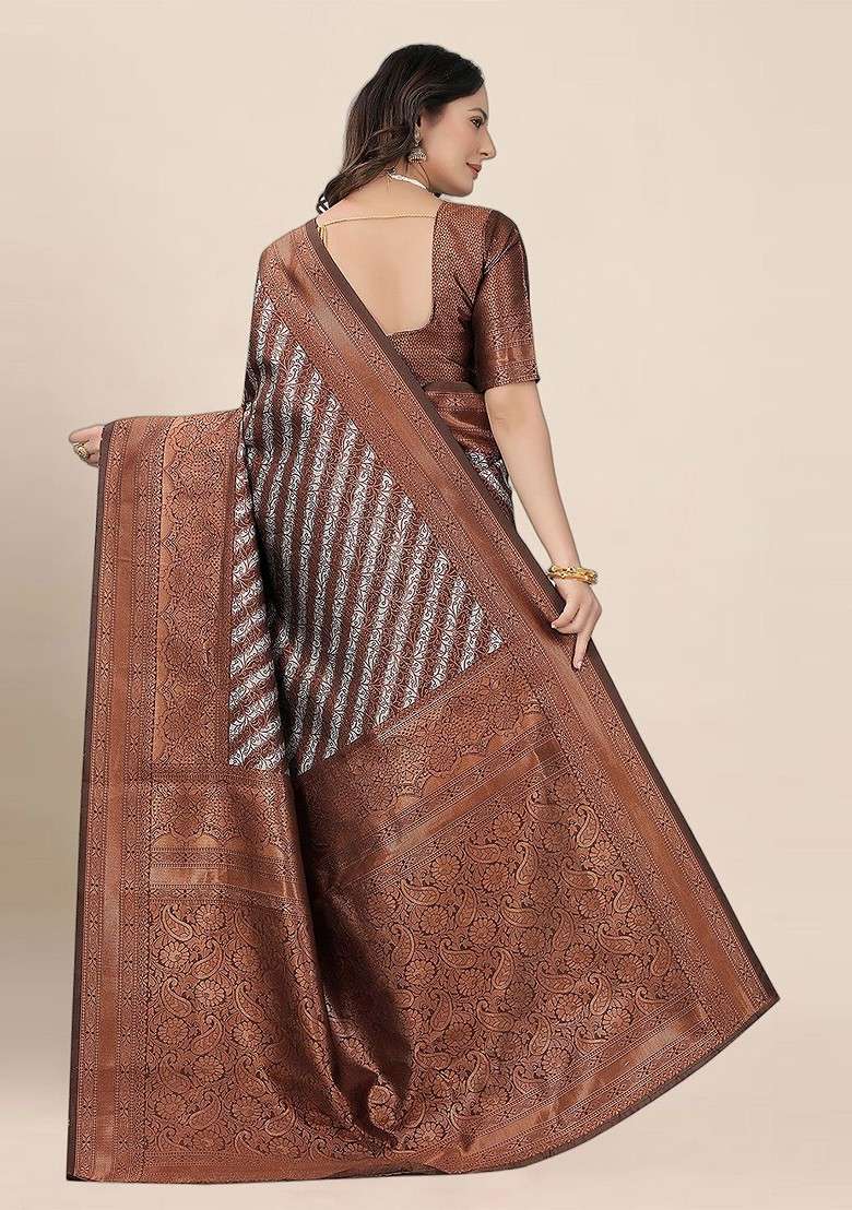 Brown Blended Saree Set with Embroidered for Diwali | Wedding & Festive Wear - Indya