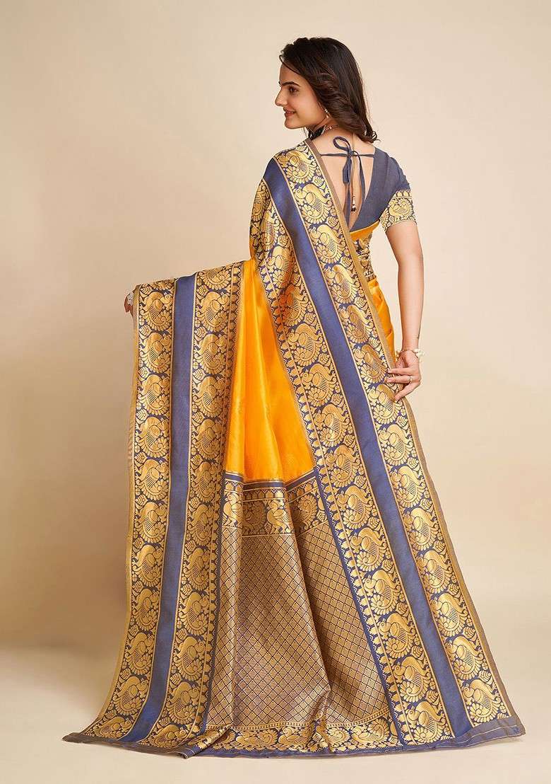 Yellow Jacquard Blended Saree Set for Diwali and Festive Wear - Indya