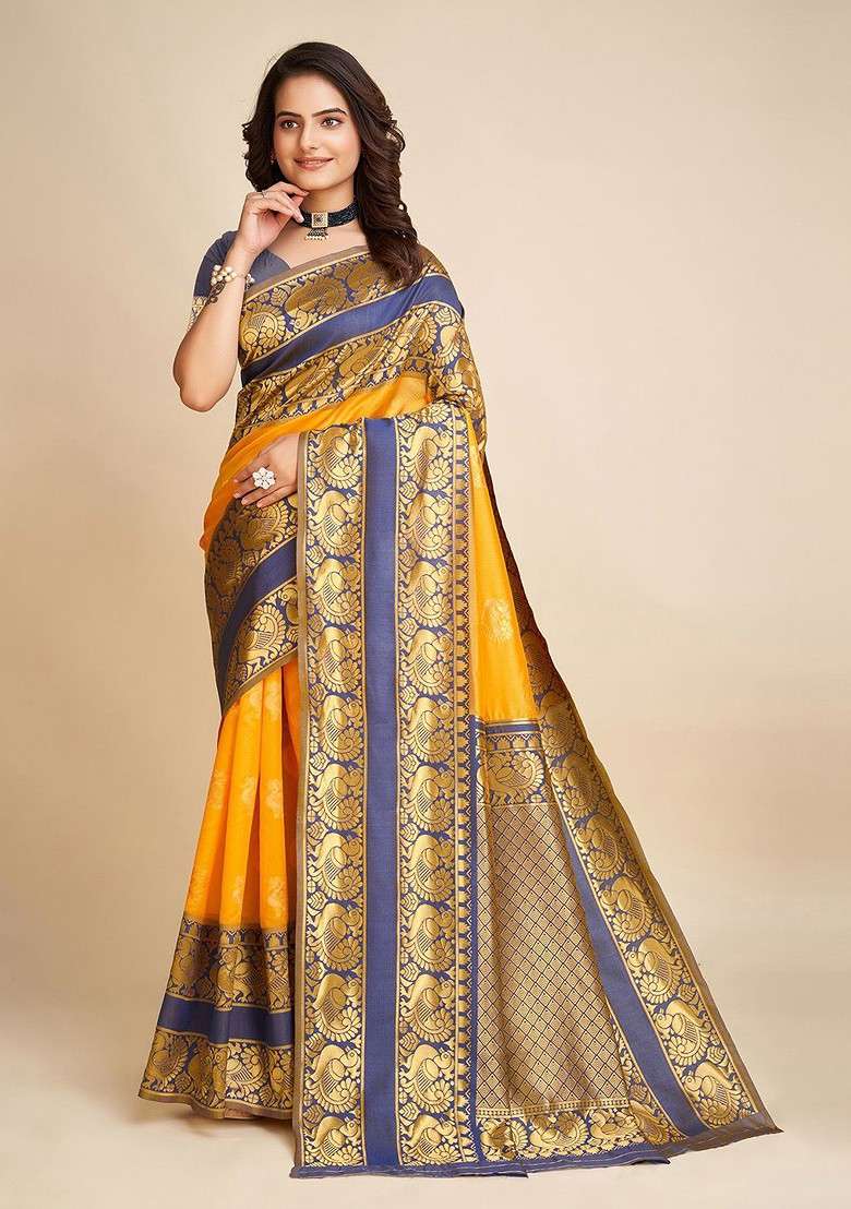 Yellow Jacquard Blended Saree Set for Diwali and Festive Wear - Indya