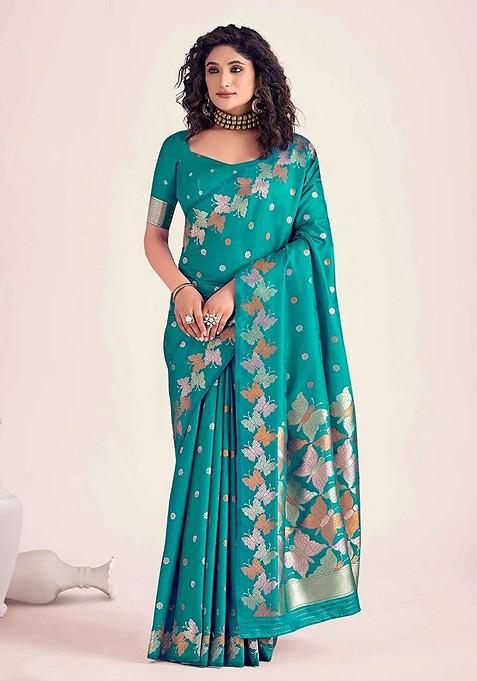 Green Embroidered Blended Saree Set