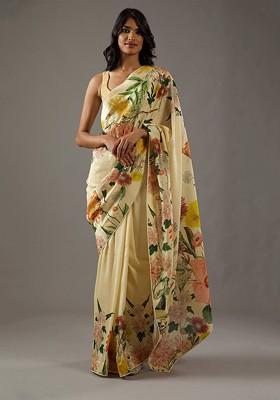 Yellow Printed Blended Saree Set
