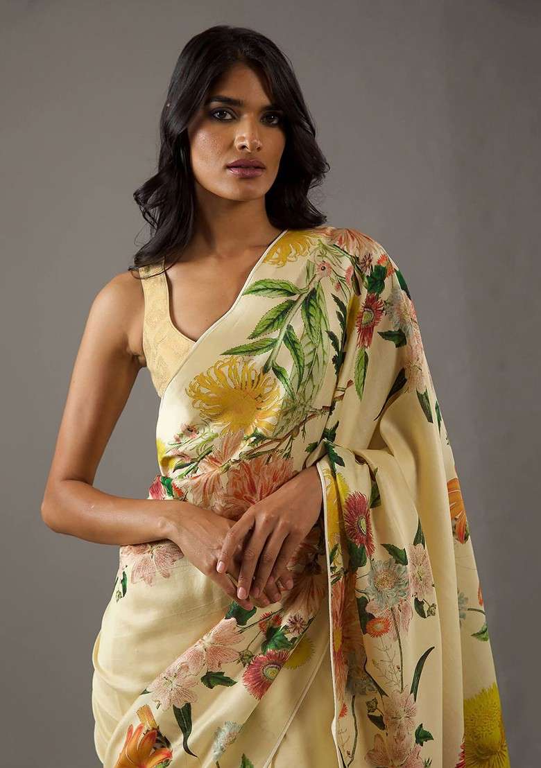Yellow Printed Blended Saree Set - Indya