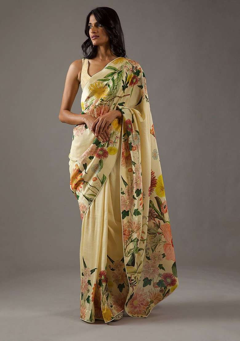 Yellow Printed Blended Saree Set - Indya