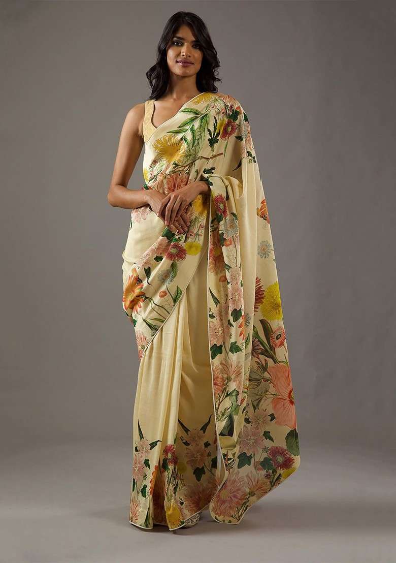 Yellow Printed Blended Saree Set - Indya
