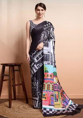 Black Printed Blended Saree Set