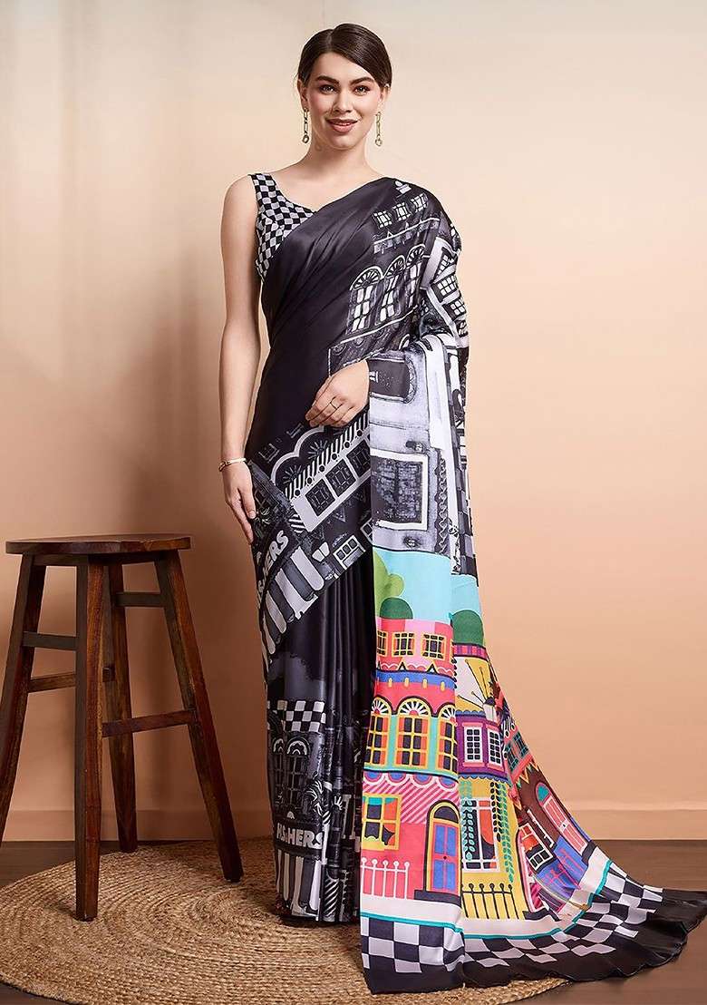 Black Printed Blended Saree Set - Indya