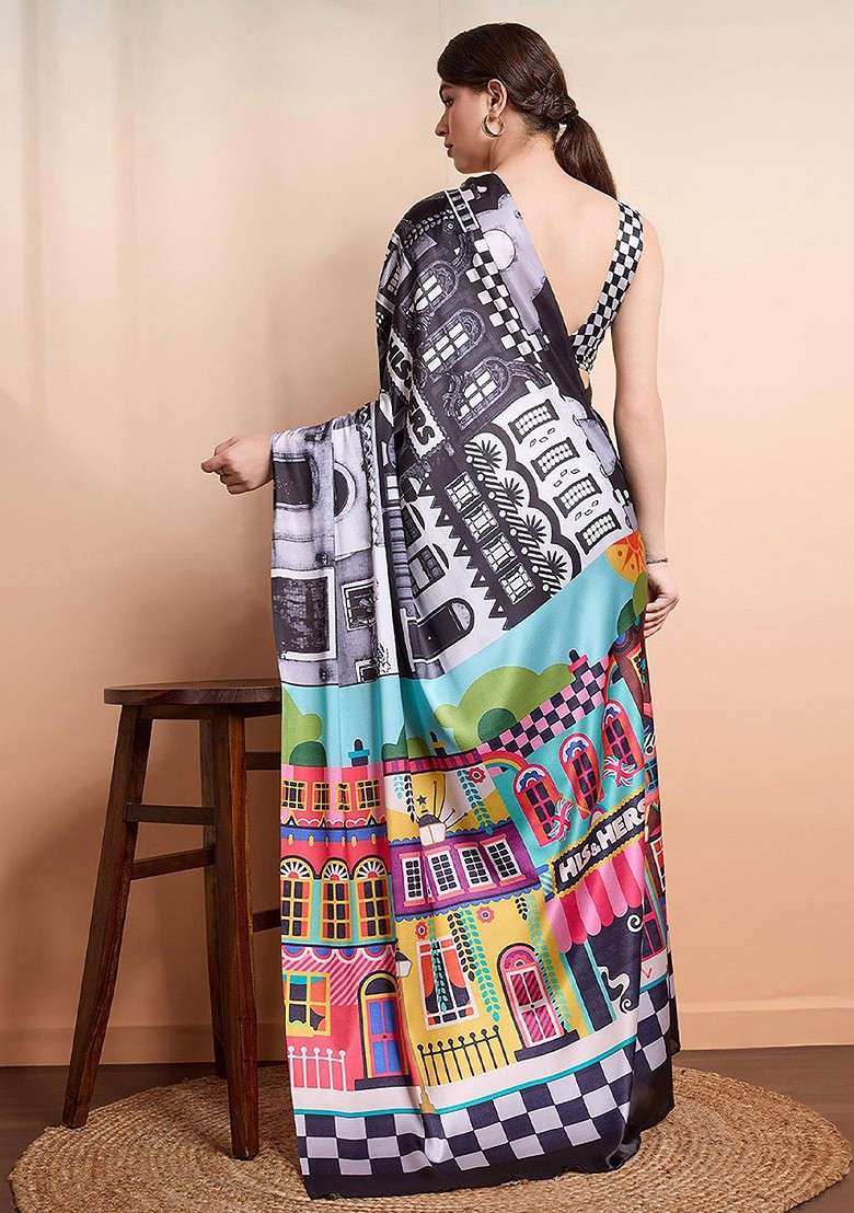 Black Printed Blended Saree Set - Indya