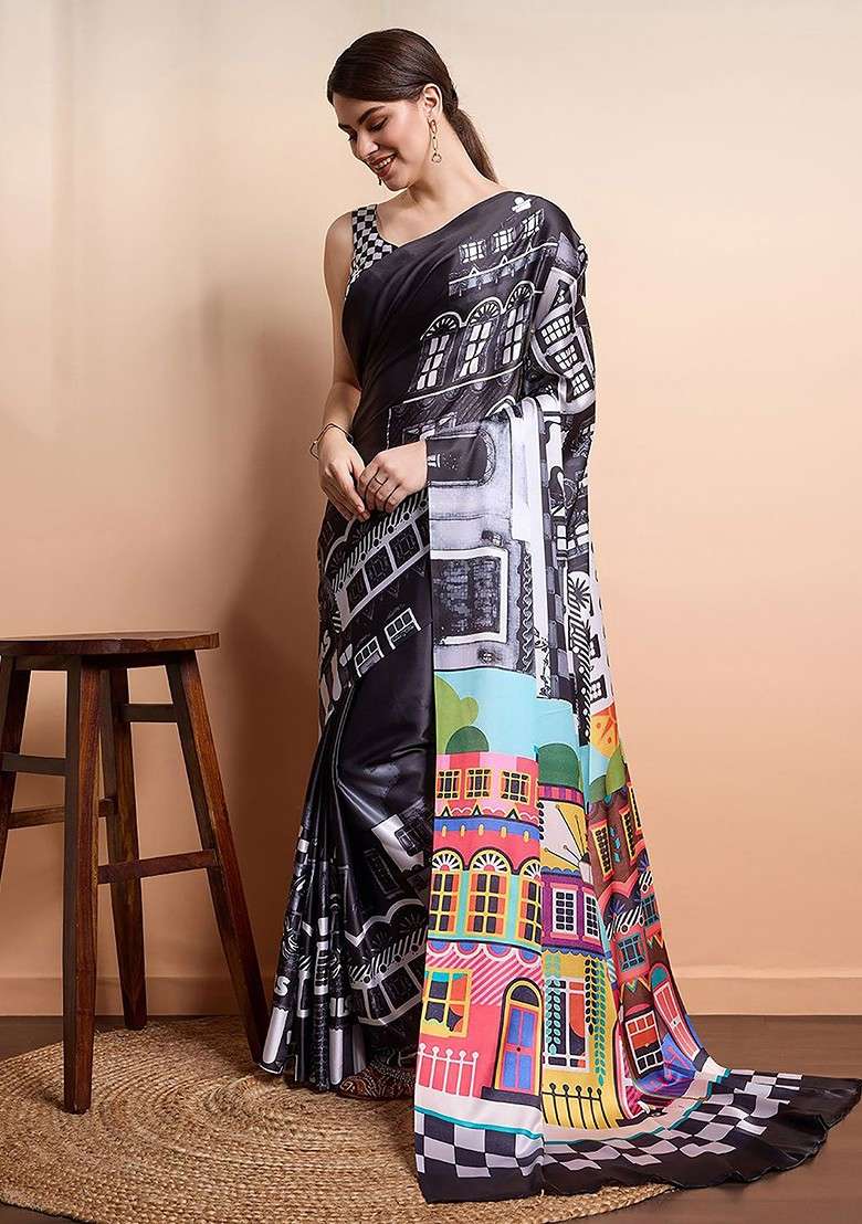 Black Printed Blended Saree Set - Indya