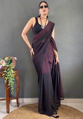 Purple Embroidered Blended Saree Set