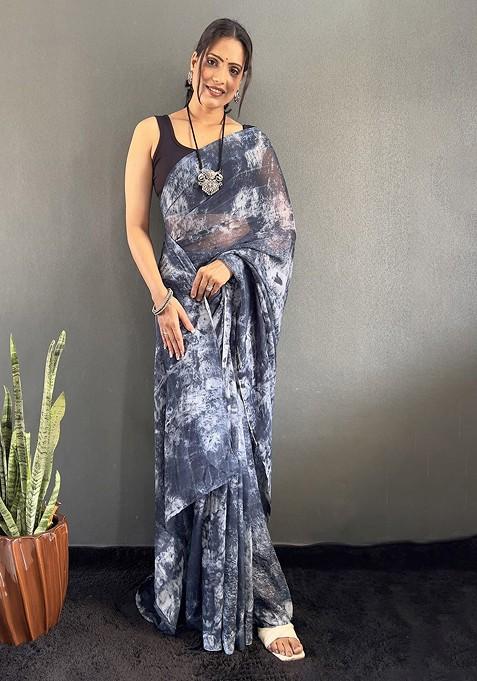 Grey Printed Blended Saree Set