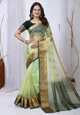 Green Sequin Embellished Blended Saree Set