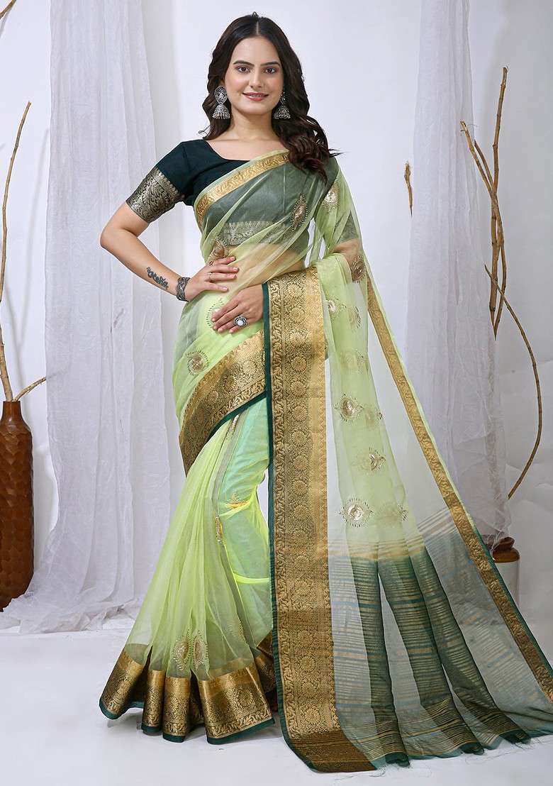 Green Sequin Embellished Blended Saree Set - Indya