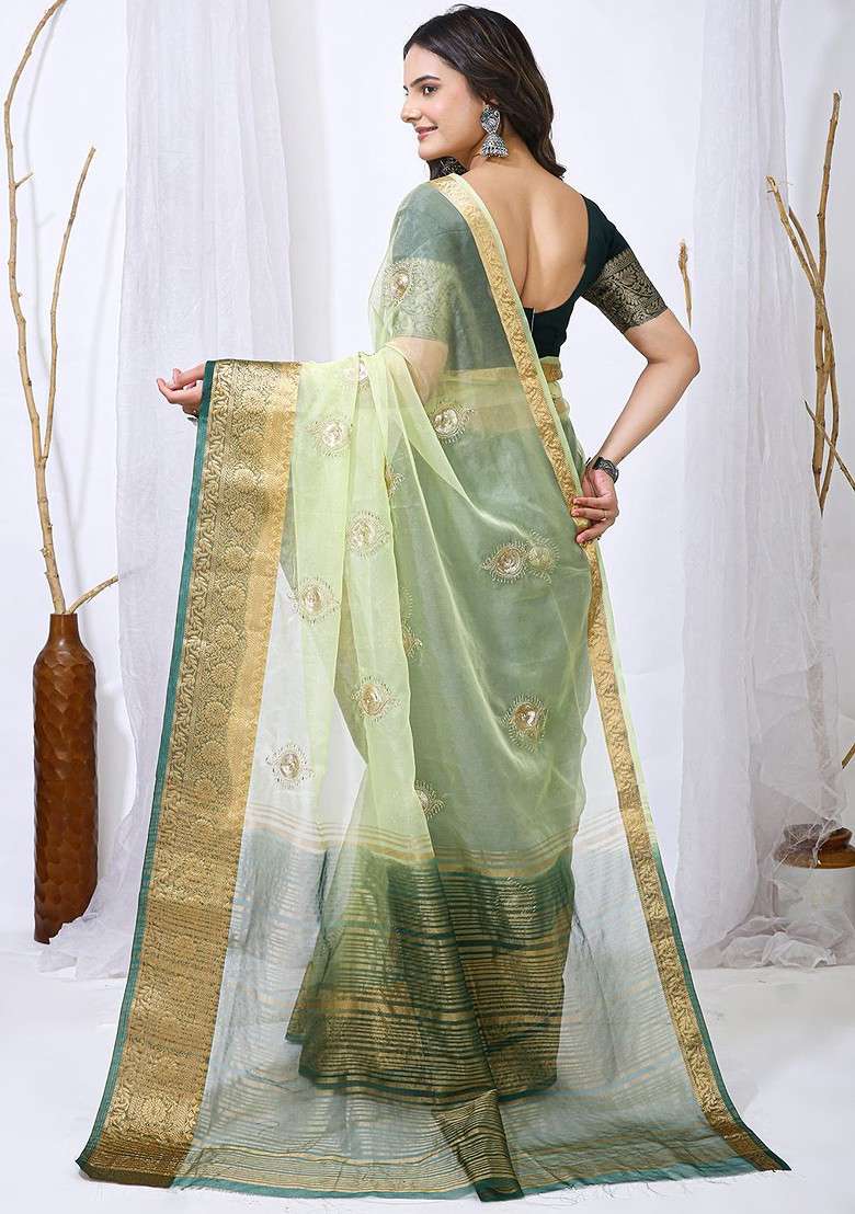 Green Sequin Embellished Blended Saree Set - Indya