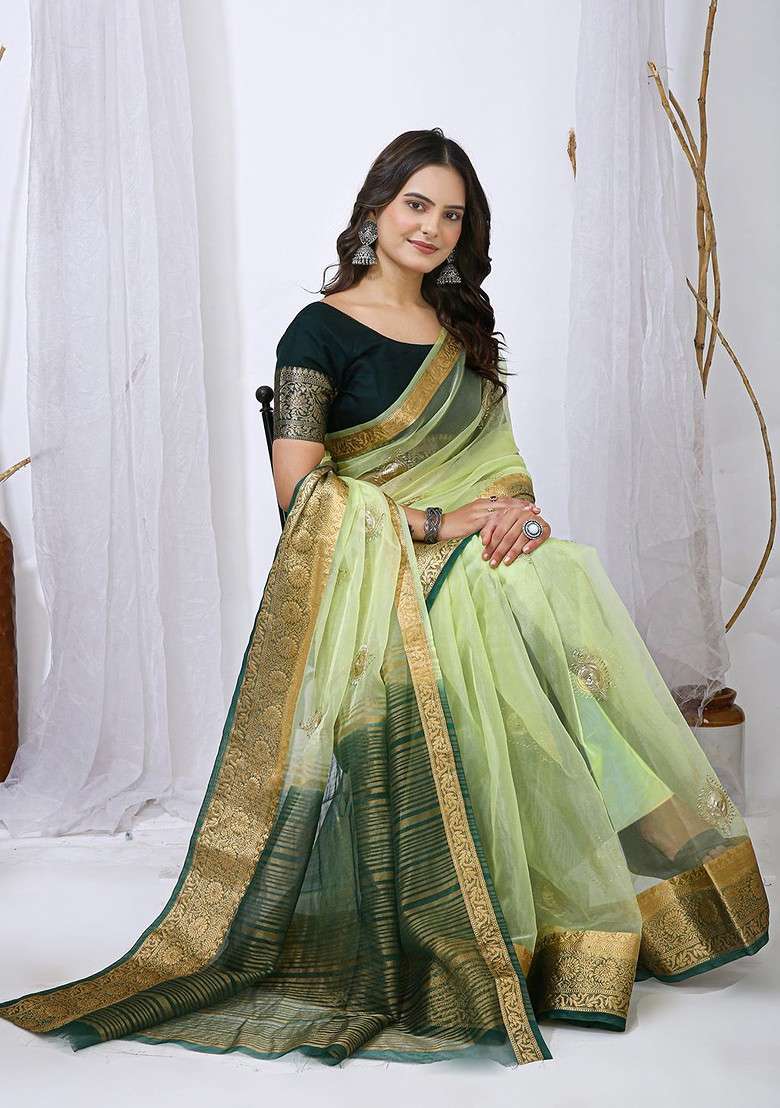 Green Sequin Embellished Blended Saree Set - Indya