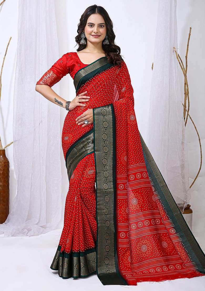 Red Printed Blended Saree Set - Indya