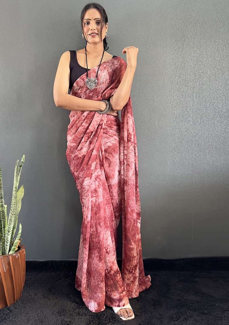 Maroon Printed Blended Saree Set - Indya