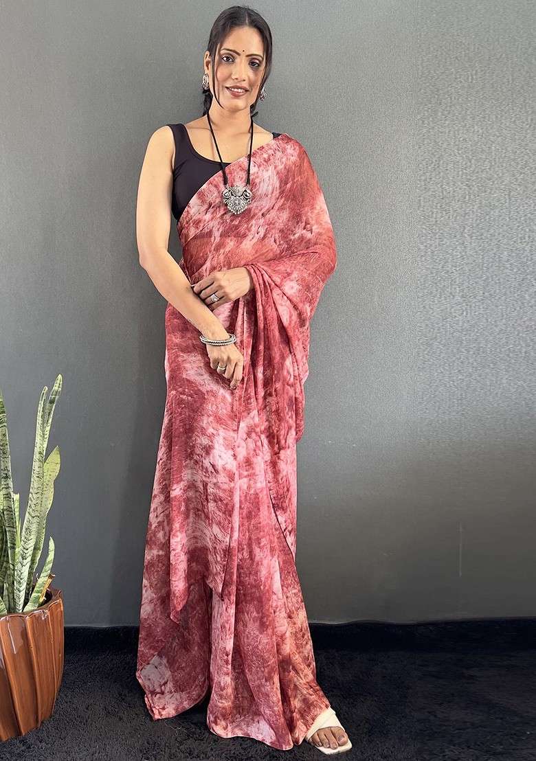 Maroon Printed Blended Saree Set - Indya