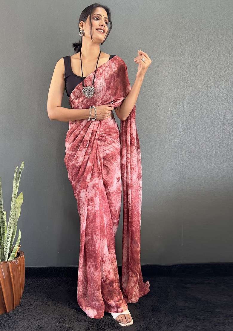 Maroon Printed Blended Saree Set - Indya