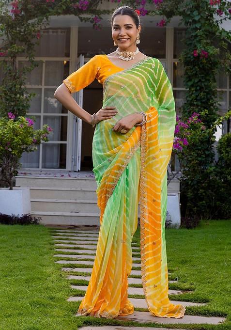 Yellow Printed Blended Saree Set