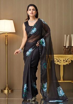 Black Embellished Blended Saree Set