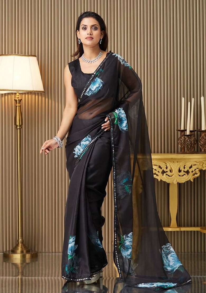 Black Embellished Blended Saree Set for Diwali and Festive Wear - Indya