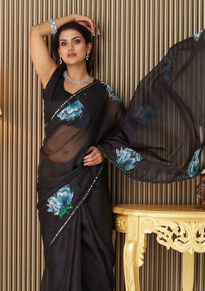 Black Embellished Blended Saree Set for Diwali and Festive Wear - Indya