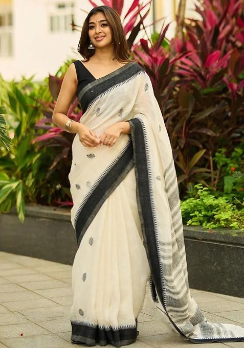White Jacquard Blended Saree Set