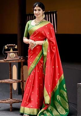 Red Jacquard Blended Saree Set