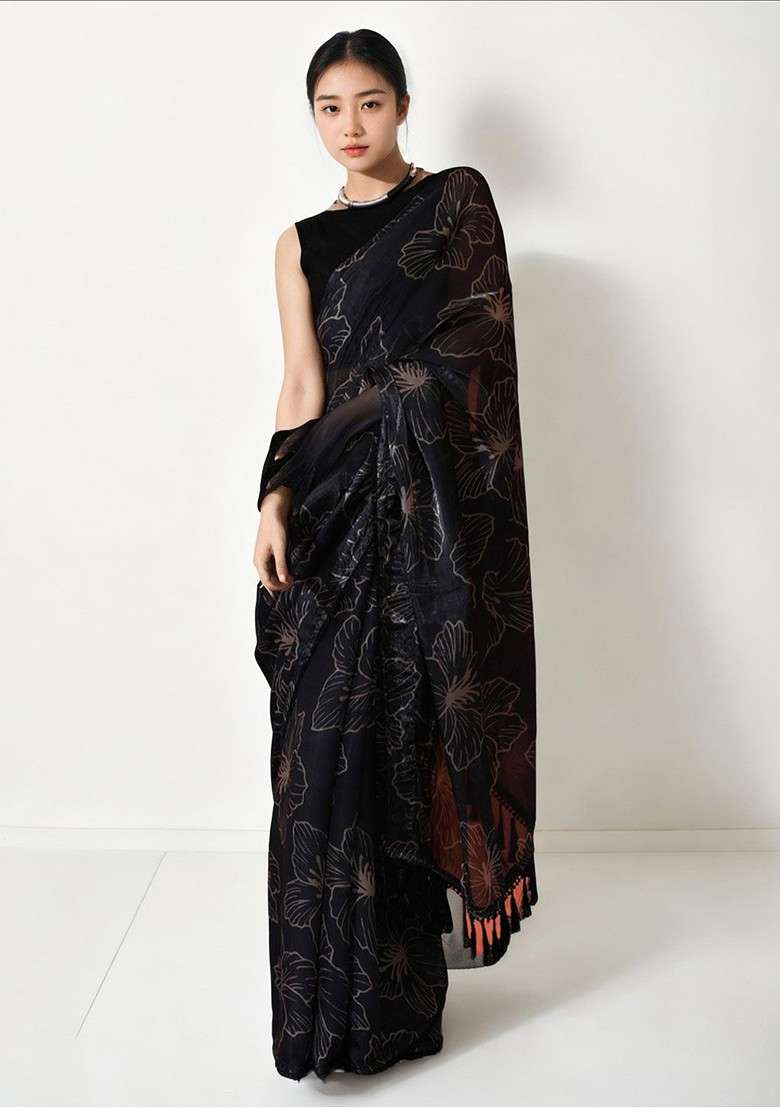 Black Printed Blended Saree Set for Diwali and Festive Wear - Indya