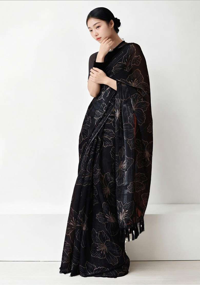 Black Printed Blended Saree Set for Diwali and Festive Wear - Indya