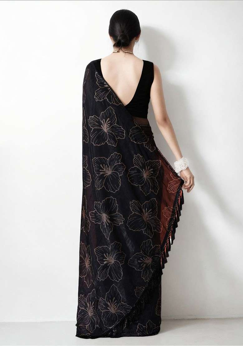 Black Printed Blended Saree Set for Diwali and Festive Wear - Indya