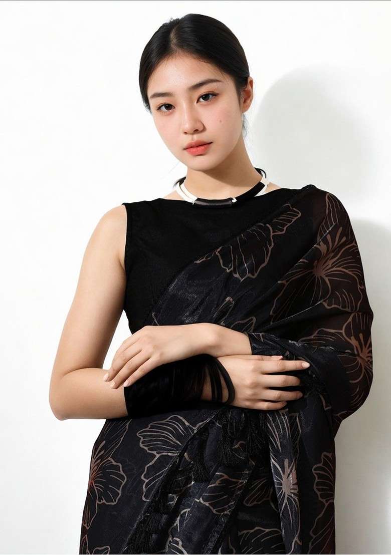 Black Printed Blended Saree Set for Diwali and Festive Wear - Indya
