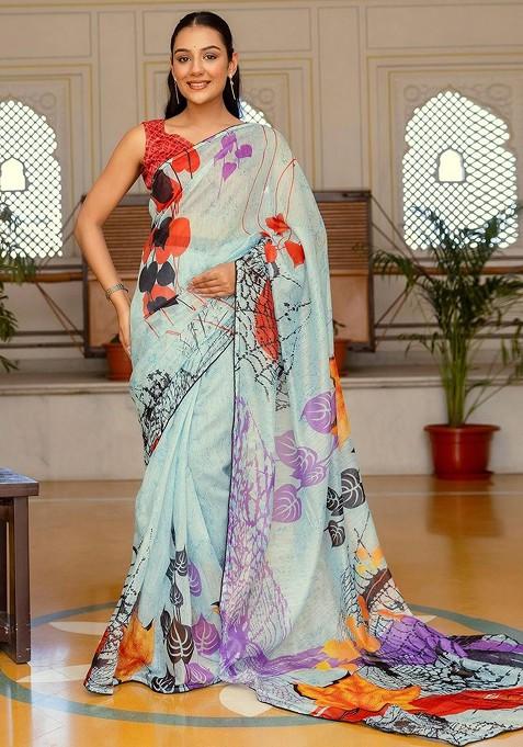 Blue Printed Blended Saree Set