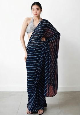 Navy Blue Embroidered Blended Saree Set