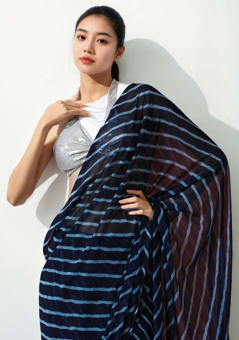 Navy Blue Embroidered Blended Saree Set - Indya