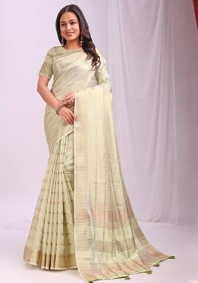 Lime Green Embroidered Blended Saree Set