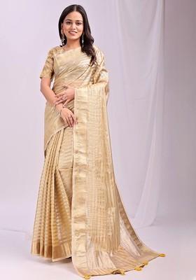 Mustard Embroidered Blended Saree Set