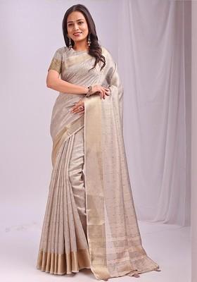 Beige Embroidered Blended Saree Set