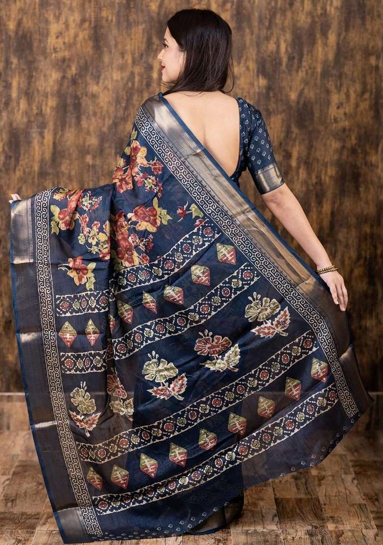 Navy Blue Printed Blended Saree Set for Diwali and Festive Wear - Indya