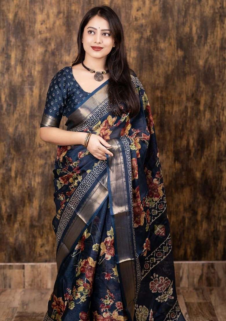 Navy Blue Printed Blended Saree Set for Diwali and Festive Wear - Indya
