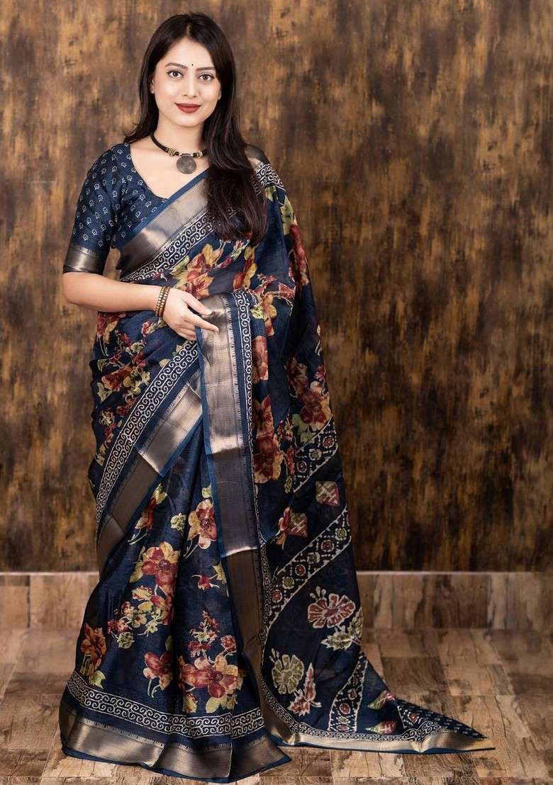 Navy Blue Printed Blended Saree Set for Diwali and Festive Wear - Indya