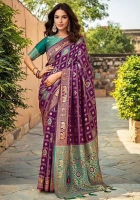 Purple Embroidered Blended Saree Set