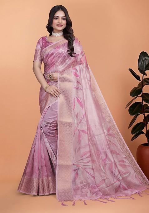 Pink Embroidered Blended Saree Set