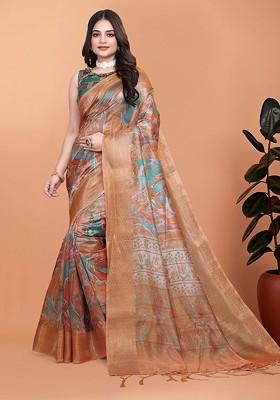 Brown Printed Blended Saree Set