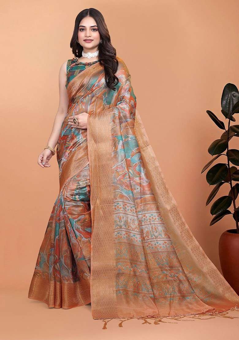 Brown Printed Blended Saree Set - Indya