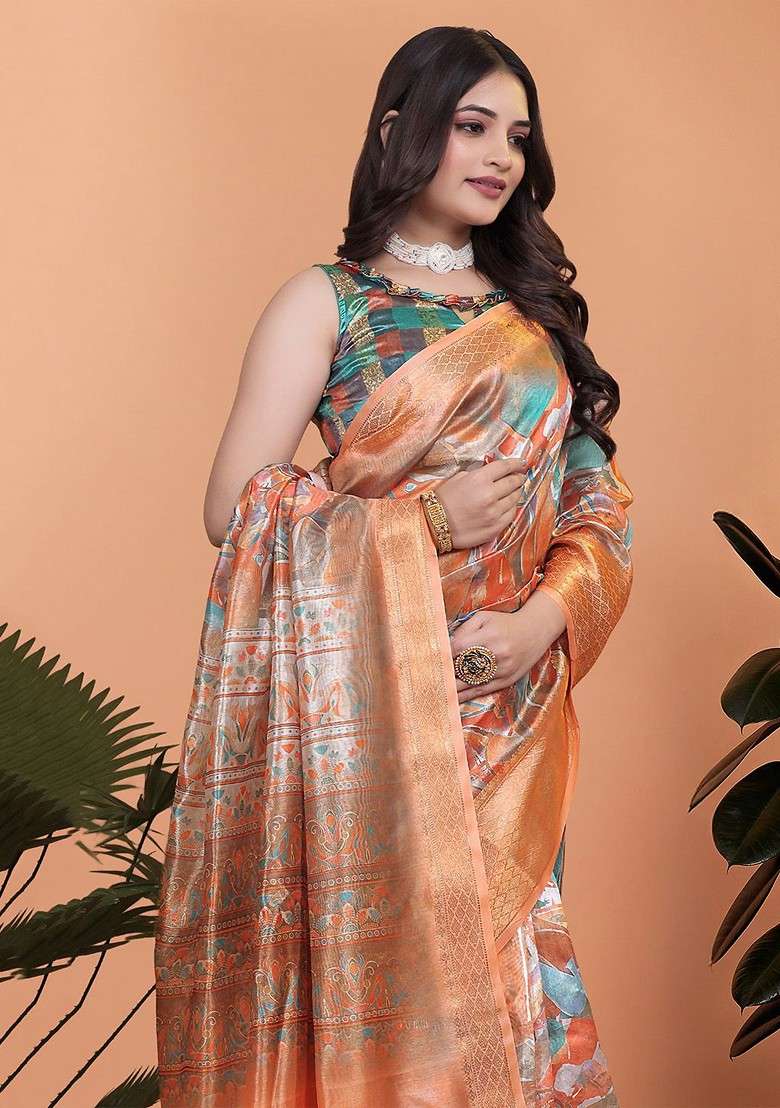 Brown Printed Blended Saree Set - Indya