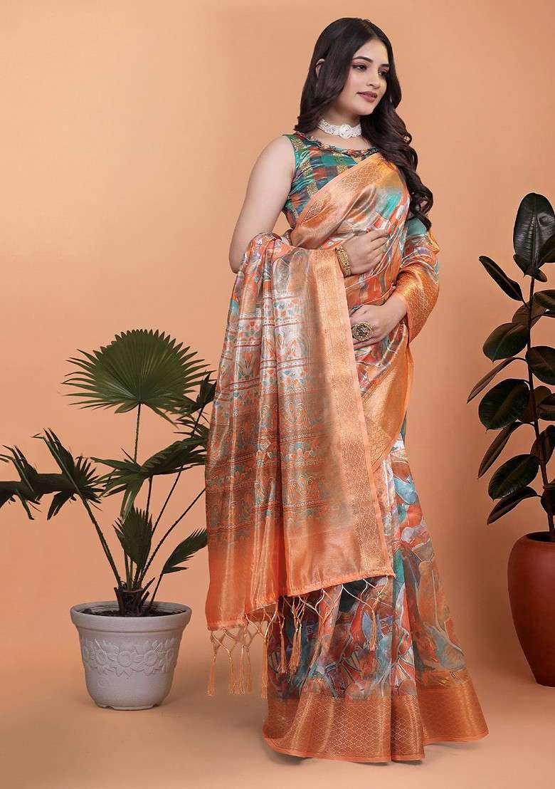 Brown Printed Blended Saree Set - Indya